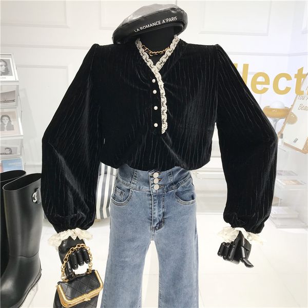 

blouses contrast with neckline female lace shirt spring niche pearl design outerwear top, White