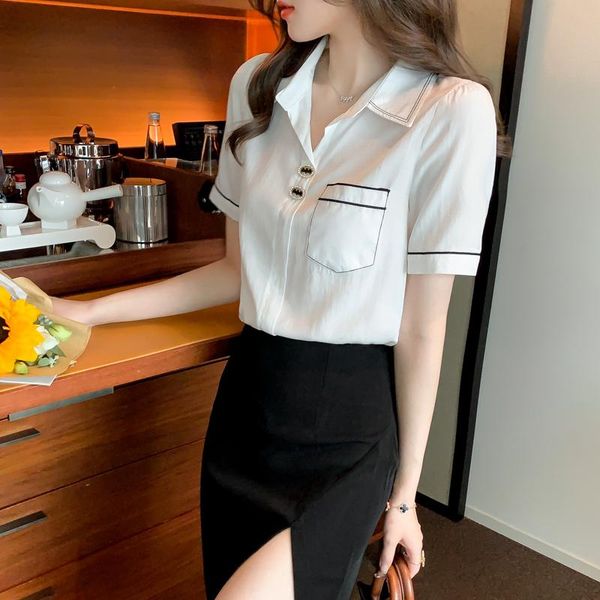 

women's blouses & shirts butemoda white women fashion elegant office ladies work wear chiffon summer blouse short sleeve button plus si