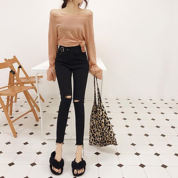 

women's jeans black for women summer high waist hole pencil pants stylish simple boyfriends mom temperament slim was thin ladies, Blue