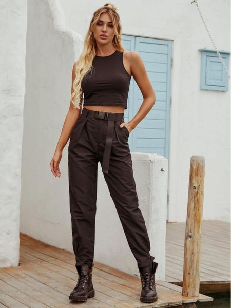 

women's pants & capris women summer cool solid black slim with belt european&american retro all-match fashion high waist casual trouser, Black;white