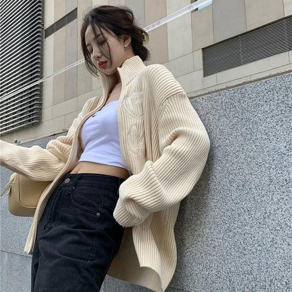 

women's knits & tees autumn and winter knitted cardigan loose street style sweater solid color slim v-neck jacket, White