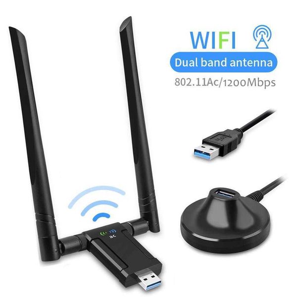 Placa de rede USB sem fio 1200 Mbps USB 3.0 Dual Band 2.4G/5.8G Wifi Receiver Adapter para PC com 2Pcs Antenas