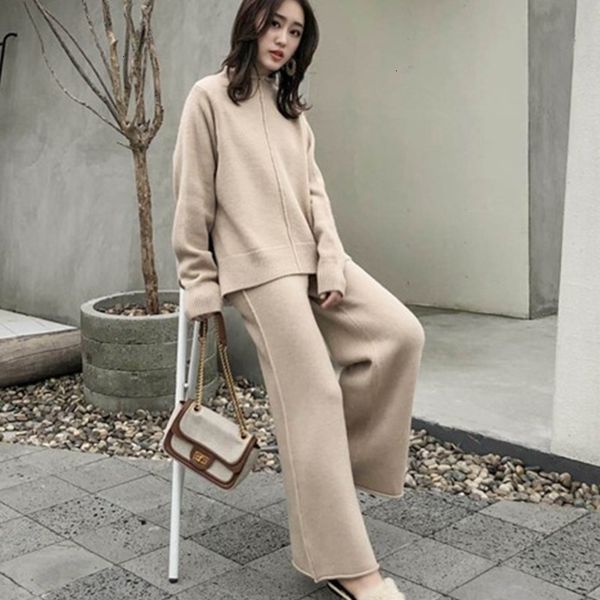 

pant autumn female sweater trousers 2 women two piece o-neck long sleeve knitted pullover & wide leg pants set e8dd, White