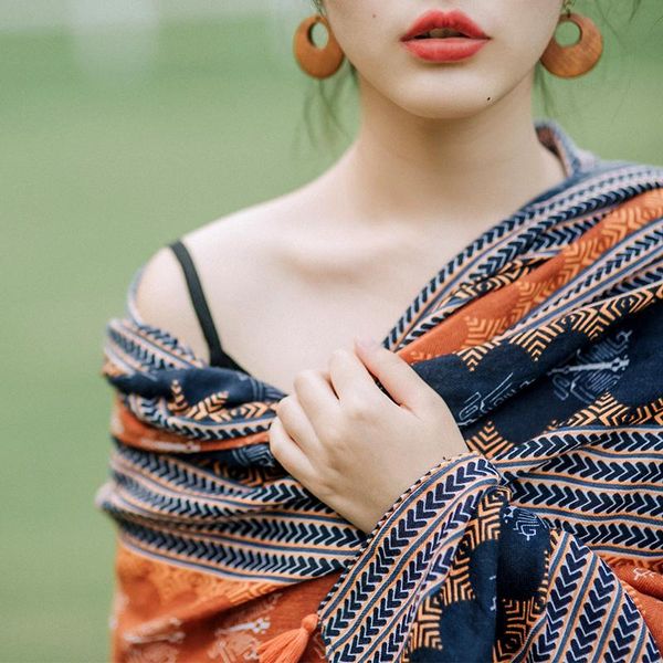 

scarves women travelling scarf thin soft printed pograph with tassels, Blue;gray