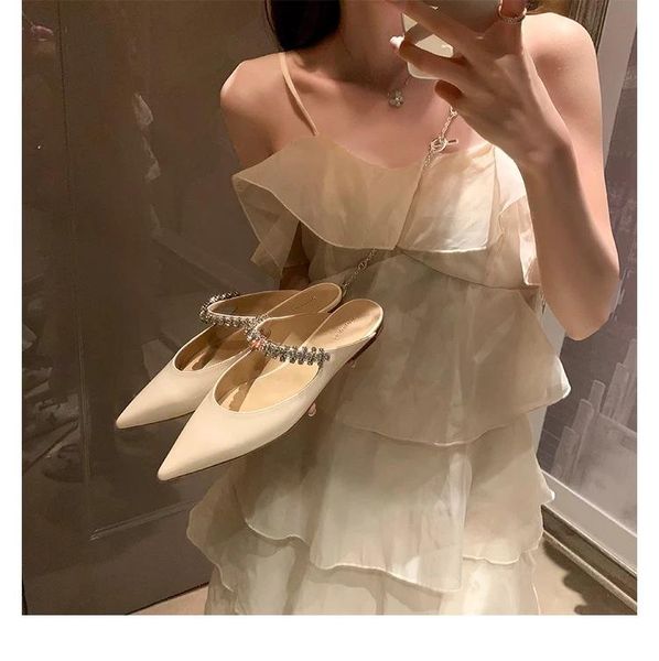 

sandals pointed women's fairy diamond with high-heeled fashion solid color bag head muller semi-slippers casual shoes, Black