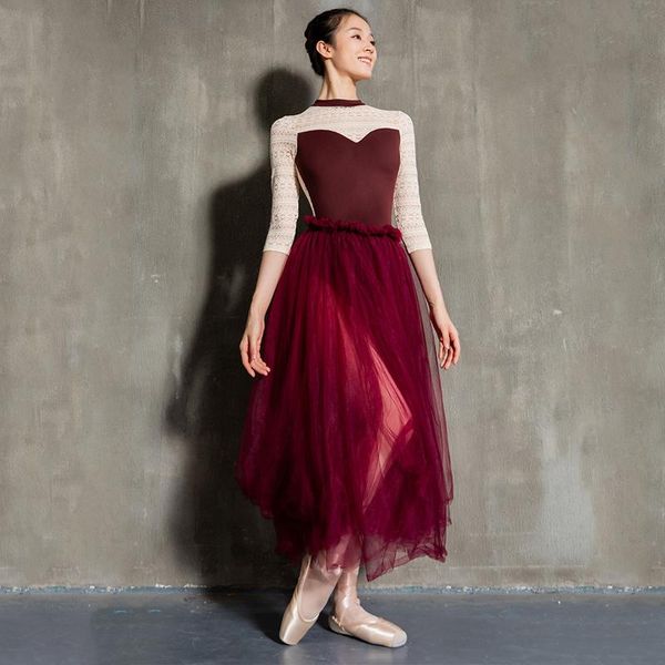 

stage wear ballet leotards girls stand-up collar lace sleeve bodysuit women yoga gymnastics swimsuit clothes classical dance costume, Black;red