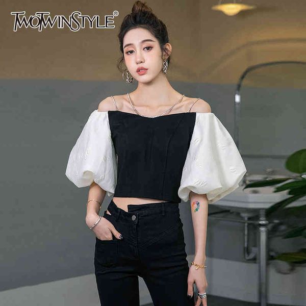 

casual hit color shirt for women square collar puff short sleeve patchwork diamonds slim blouses female summer 210524, White