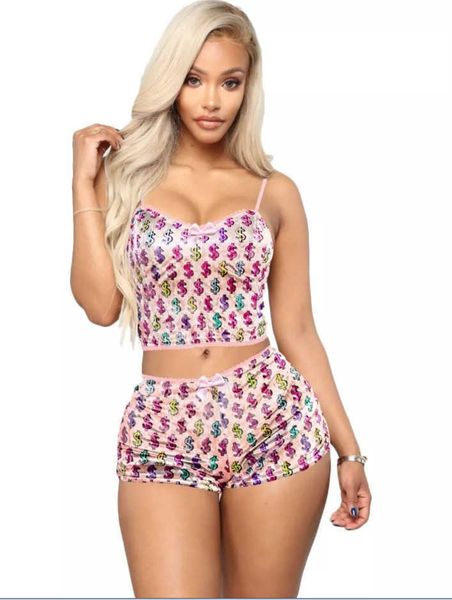 

sleepwear fashionable printed veet shorts pajamas women's suit, Black;red