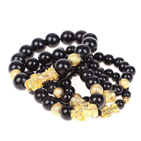 

bangle feng shui obsidian stone beads bracelet men women wristband gold black pixiu wealth and good luck