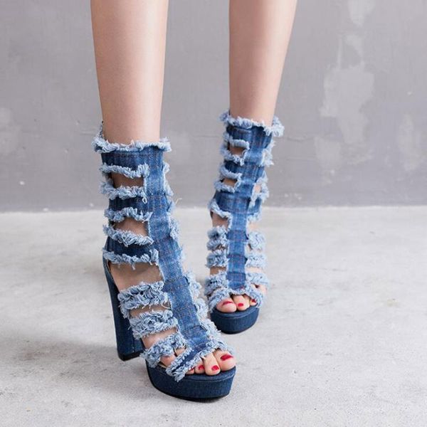 

women shoes 2021 summer hollow denim sandals thick heels platform super high, Black