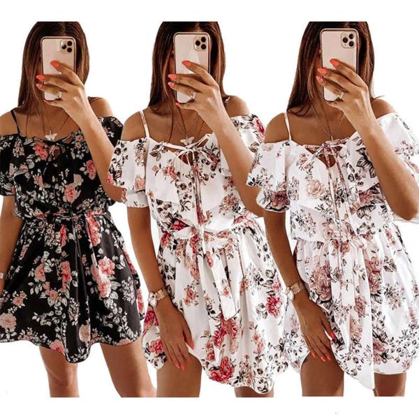 

drawstring print off shoulder waist dress with ruffle 012#, Black;gray