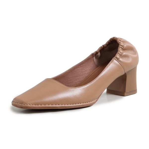 

fashion size 40 cow leather slip on square toe high heels summer shoes pleated office lady party elegant women pumps dress, Black