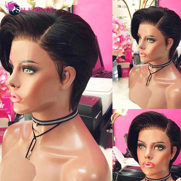 

silkswan hair straight short wigs 150 density 13*4 lace front pixie cut for women brazilian transparent lace1, Black;brown