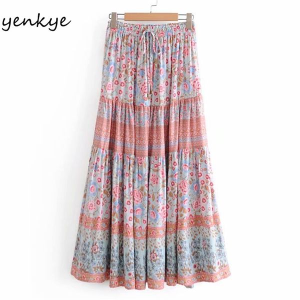 

vintage floral print boho long skirt women drawstring elastic high waist big swing holiday summer maxi saia 210514, Black