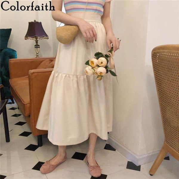 

skirts colorfaith 2021 women's summer casual vintage high elastic waist buttons a-line pleated fashionable long sk3682, Black