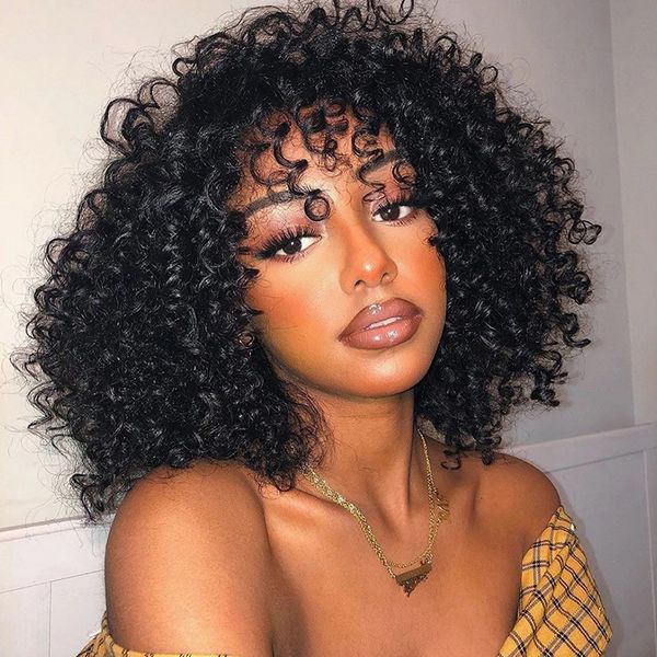 

curly human hair wigs with bangs brazilian machine made jerry curl remy wig non lace african for black women 150 density, Black;brown