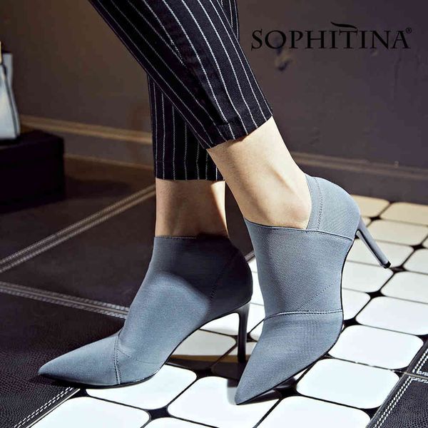 

sophitina ankle boots for women fashion stretch fabric pointed toe stiletto thin high heels slip on dress shoes po707 210513, Black