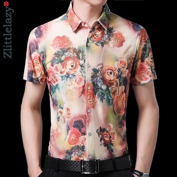 

short sleeve men social shirt summer streetwear casual hawaiian floral shirts dress mens slim regular clothes fashions 2033 men's, White;black