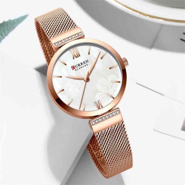 

curren rose gold watch women beautiful flower ladies watches stainless steel bracelet wristwatch relogio feminino montre femme 210608, Slivery;brown
