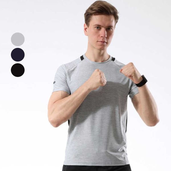 

lulu fitness suit outdoor running fast dry fabric high stretch slim shaping men's short sleeve t-shirt, Gray