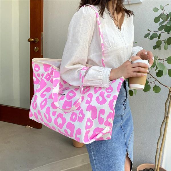 

evening bags canvas shoulder bag pink leopard print tote large capacity handbag 2021 casual