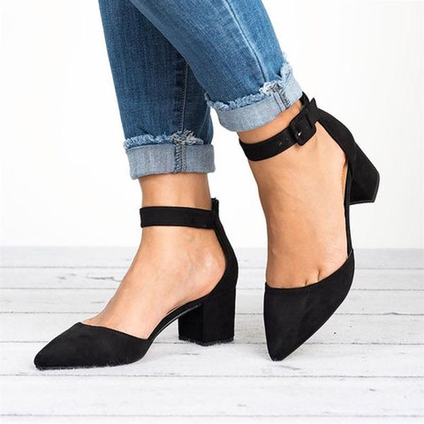 

dress shoes women two piece pumps female ankle strap women's solid comfortable ladies square heels style footwear 2021 plus size, Black