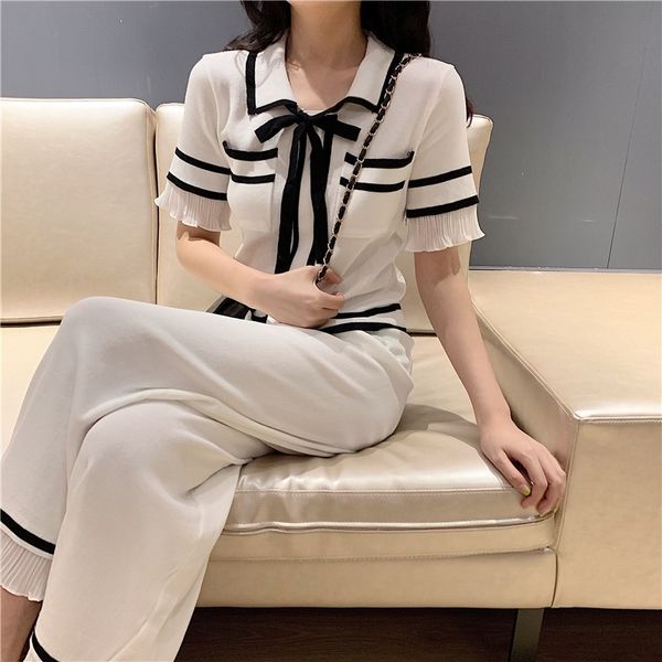 

summer women pleated short sleeve black bow sweater suit sets + tracksuits wide leg pant 2 piece 210520, White