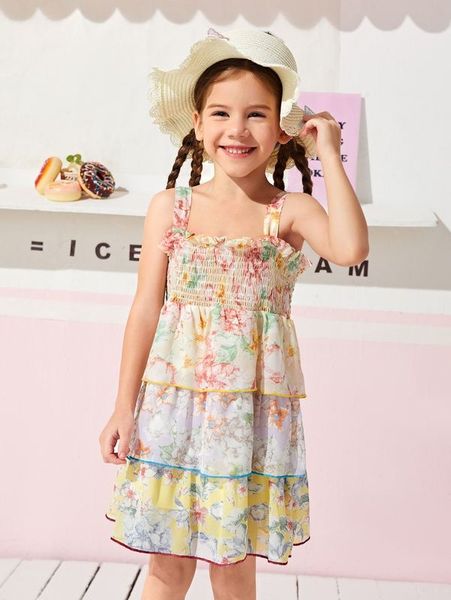 

toddler girls floral print layered hem shirred chiffon dress she, Red;yellow