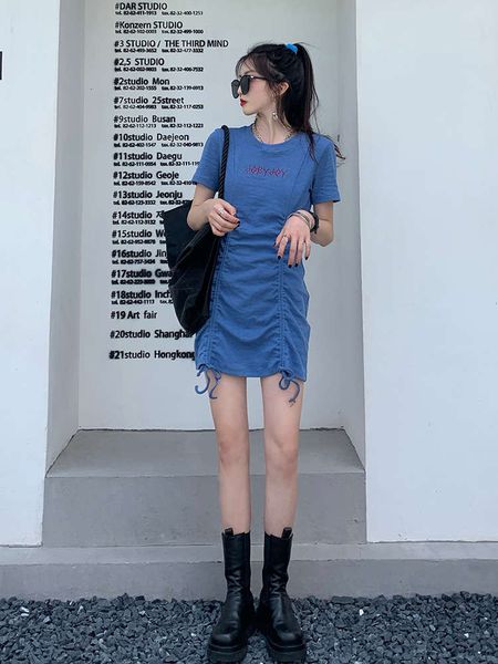 

wine dress women's blue drawstring long skirt design sense of, Black;gray