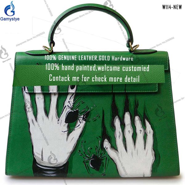 

art make hand draw punk green skull hand custom h bags cowhide handbags hand painted gifts genuine leather bags