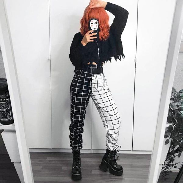 

women's pants & capris korea summer street black white women casual shestyle hip hop jogger pant vintage checkerboard print pair of ful