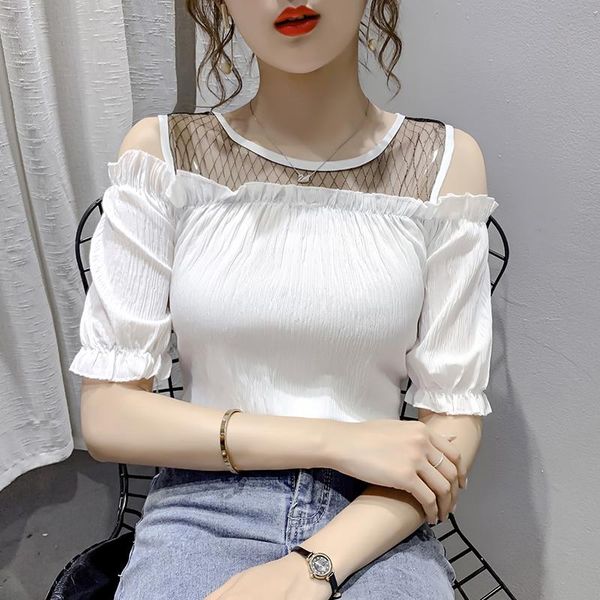 

zoki chiffon women blouse fashion summer mesh patchwork off shoulder ladies elegant short sleeve slim korean shirts women's blouses, White