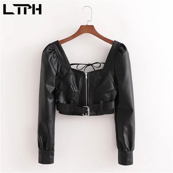 

ltph streetwear black pu leather women square collar short zipper long sleeve sashes slim spring autumn 210423, White