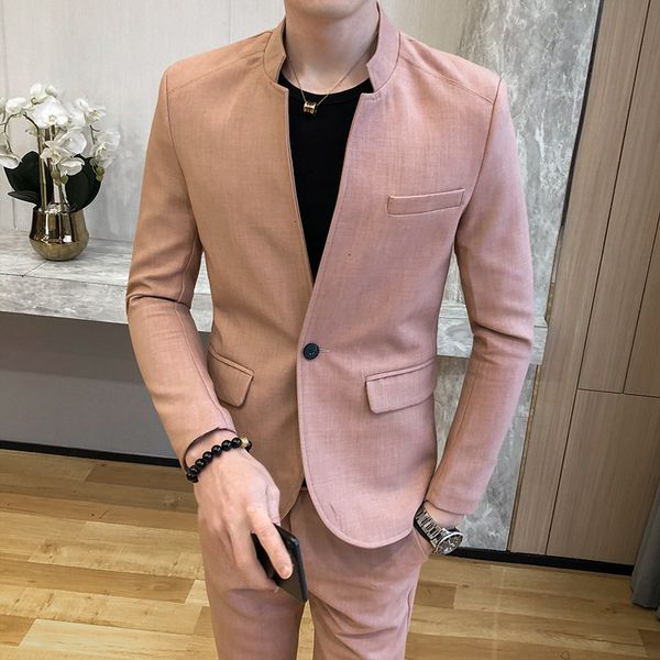 

men's & men suits 2 pieces blazers jacket pants v-neck business uniform mens slim fit single button tuxedo fashion kpop casual formal w, White;black