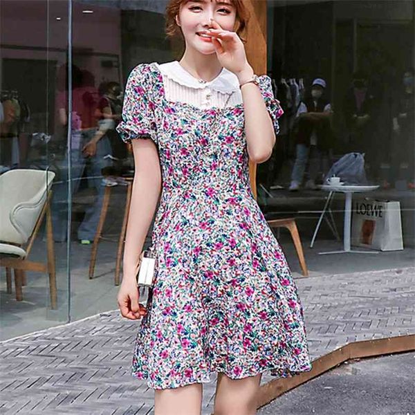 Coreano Doce Peter Pant Collar Verão Vestido Mulheres Manga Puff Vintage Floral Impressão Boho Robe Férias Robe Elegante Chiffon Mini 210514