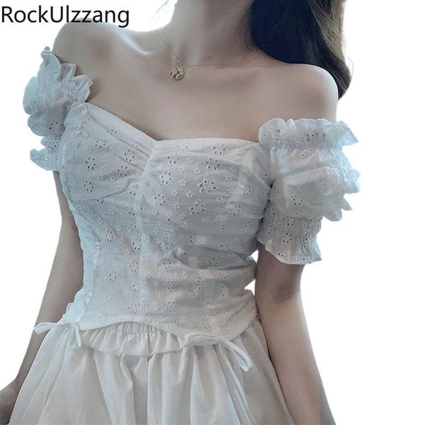 

women's t-shirt off shoulder embroidery jacquard white side tie bow summer women korean aesthetic bodycon crop t shirt ruffles cute