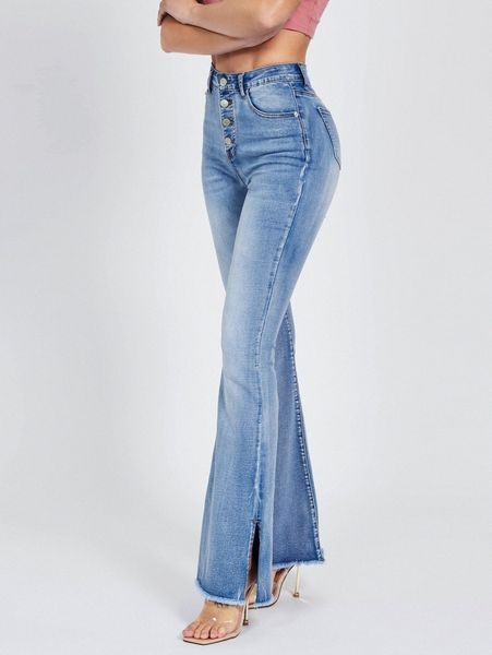 

tall button fly slit raw hem bootcut jeans t6ox#, Blue