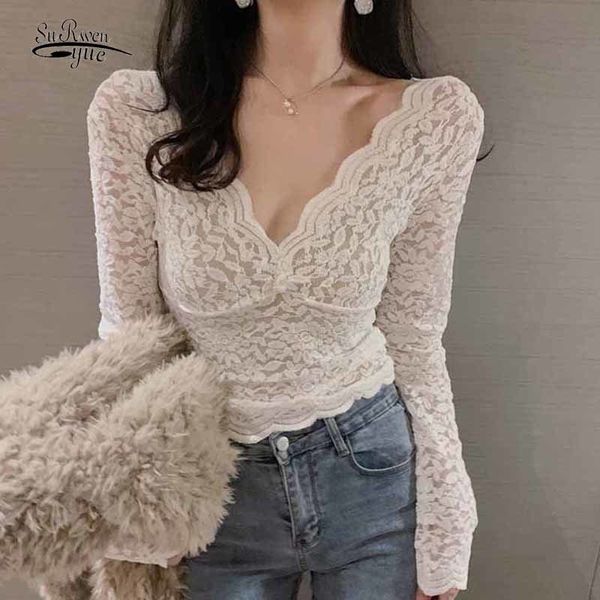 

slim hollow lace all-match expose clavicle white wave shape v-neck autumn winter base blouse women sweet 12255 210508