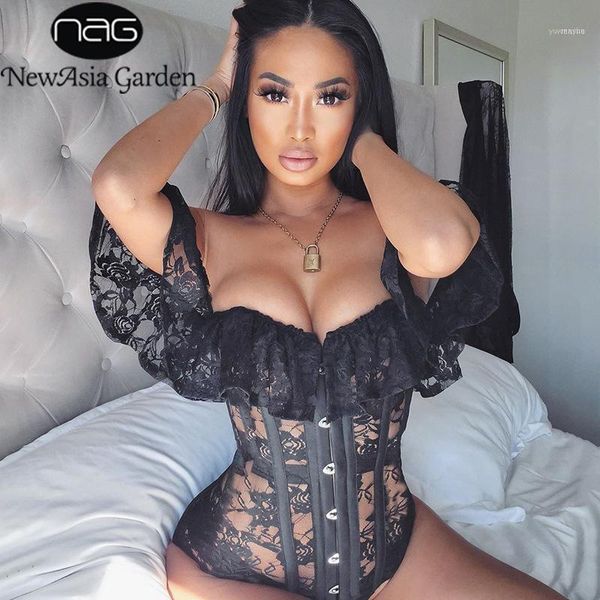 

asia black lace corset and blouse women off shoulder backless bustier shirts see through female blusas clubwear 20211, White