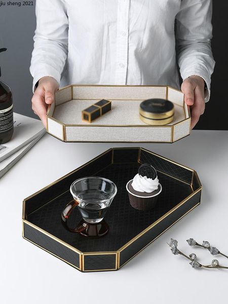 

european-style leather storage tray luxury copper strip octagonal rectangular box teacup jewelry home decor kitchen & organization