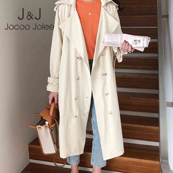 

jocoo jolee women korean double-breasted trench coat casual turn-down collar loose long windbreaker female chic outwear 210518, Tan;black