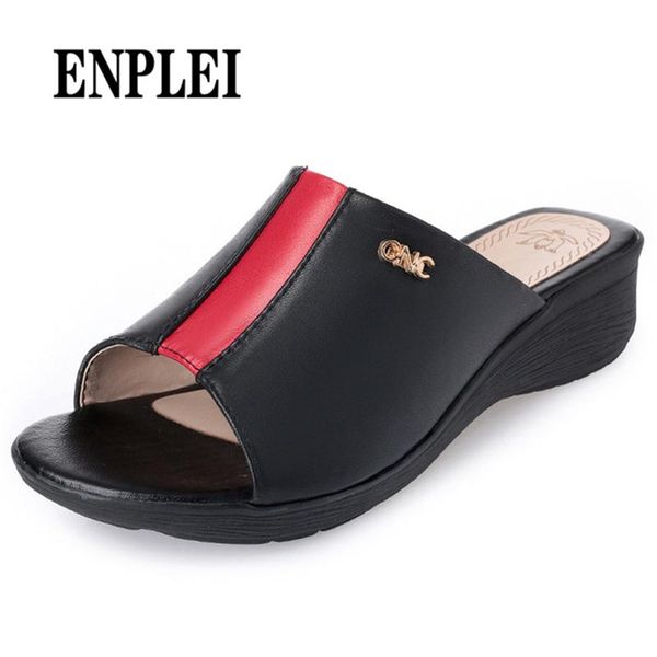 

slippers enplei 2021 genuine leather woman slipper red & black stitching metal decoration comfortable wedges mother shoes 35-43