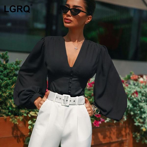 

women's t-shirt [lgrq] women black button temperament sheath v-neck lantern sleeve fashion tide spring summer 2021 19d1194s, White