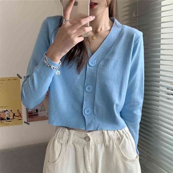 

korean cute retro solid color knitwear women's winter autumn short v-neck three-button long-sleeved sweater knit cardigan 210508, White;black