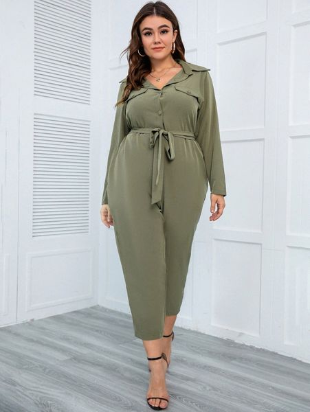 

plus flap detail belted shirt jumpsuit c8ax#, Black