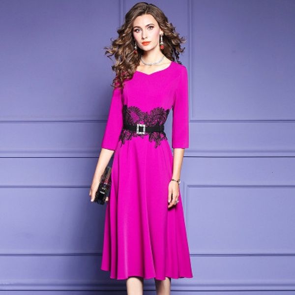 

casual dresses solid quarter sleeve lace dress women spring and autumn v-neck high waist print a-line with belt xxxl 3mga, Black;gray