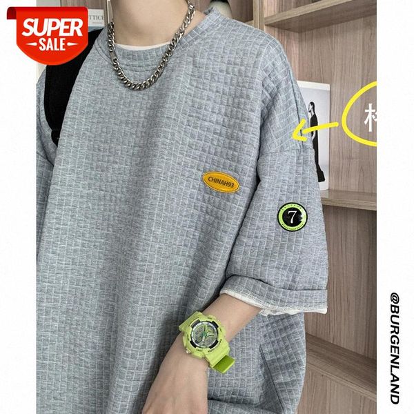

plaid short-sleeved shirt men's loose half-sleeved trendy three-quarter sleeve round neck t-shirt #ig14, White;black