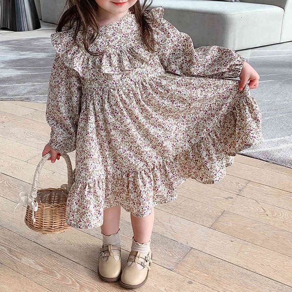 

girls dress spring summer long-sleeve ruffle floral printed princess toddler kids clothes 210515, Red;yellow