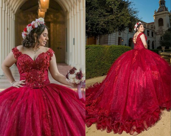 

2022 luxurious off shoulder wine ball gown quinceanera dresses mexican charro 3d floral flowers lace bling sequined tulle vestido de sweet 1, Blue;red
