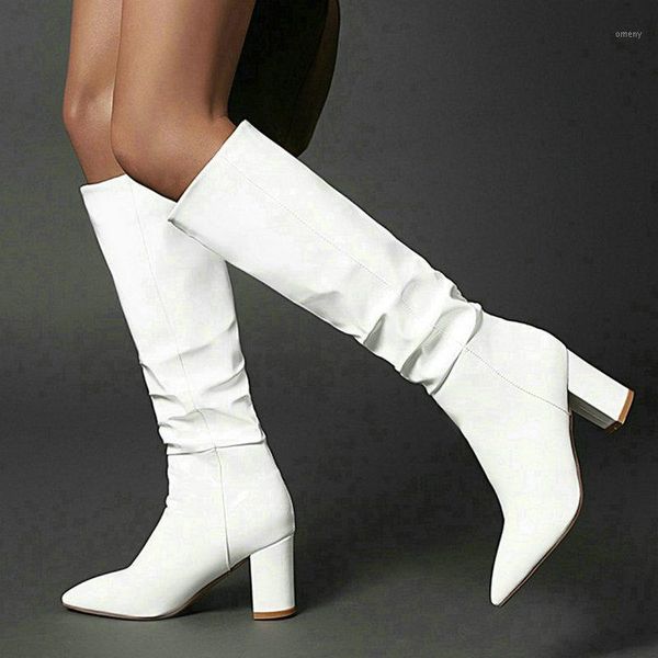 

boots winter women knee high black white red ladies pointed toe square root fashionable pleated western1
